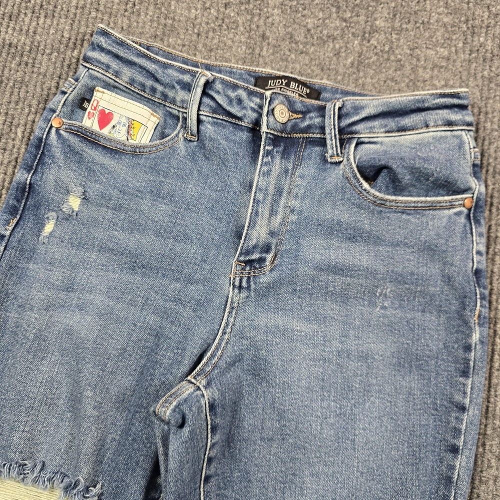 Judy Blue Jeans Womens 5/27 Blue Boyfriend‎ High Rise Distressed Queen of Hearts